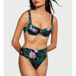 NEW Victoria's Secret BLACK PALM‎ CHEEKY NON PADDED Swim Bikini Set SMALL 32B